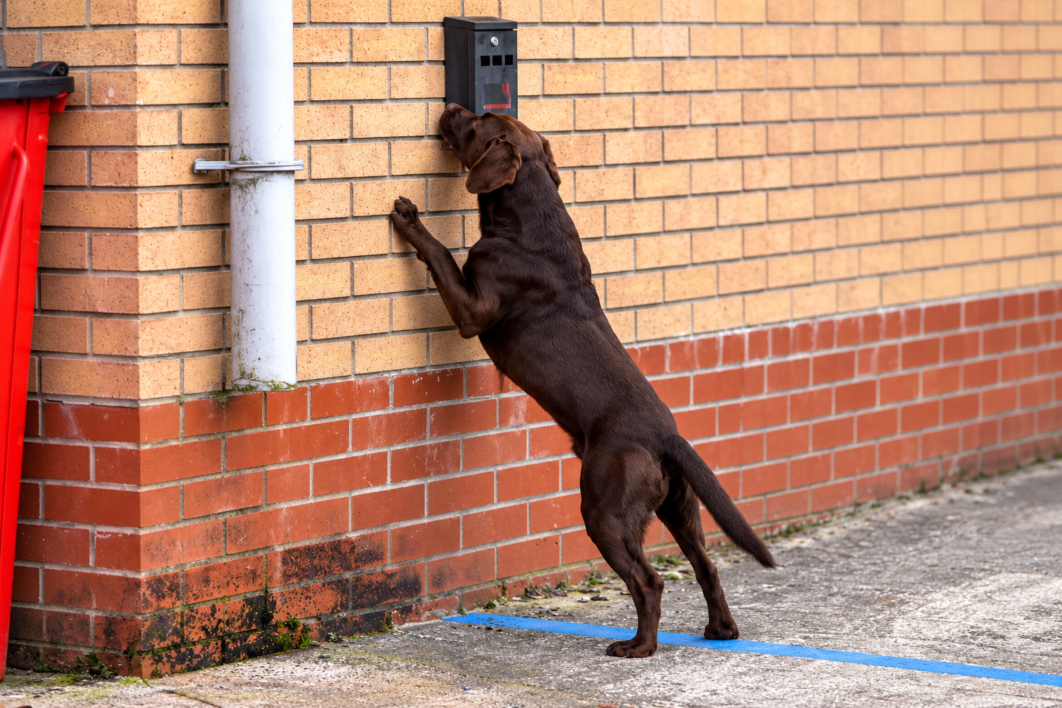 Buddy, a chocolate Labrador detection dog, standing on his hind legs investigating a fixture on a brick wall.